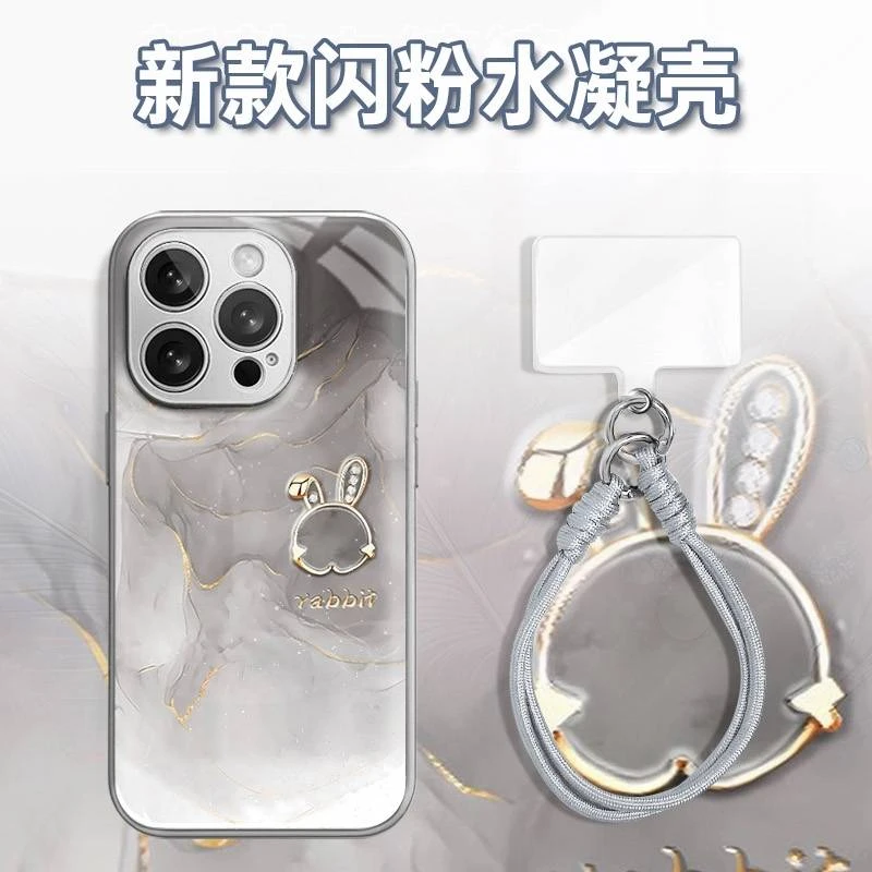 黑金水墨兔头水凝玻璃壳适用iPhone苹果16手机壳华为oppo小米vivo