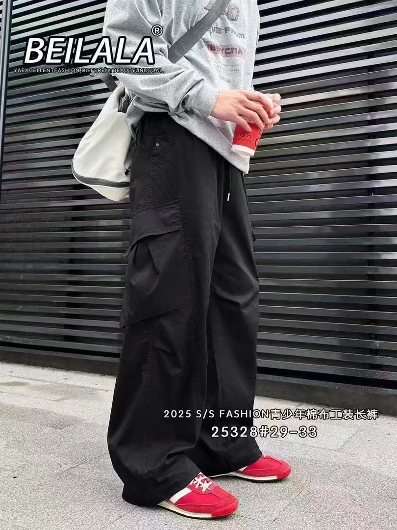 男童阔腿休闲2025春秋新款黑色男孩儿童中大童裤子春季工装裤