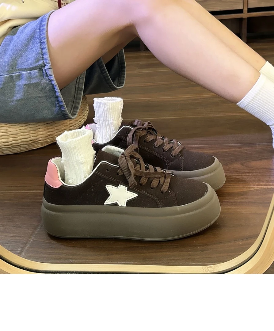 休闲板鞋女冬季加绒磨砂皮星星鞋百搭复古面包德训运动鞋子6601