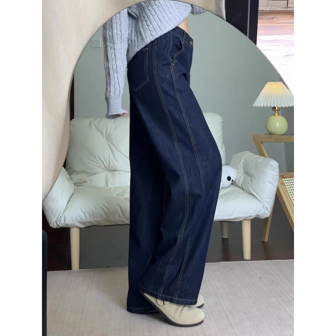 00斤大码深蓝色阔腿牛仔裤女秋季新款胖mm高腰宽松显瘦直筒裤子