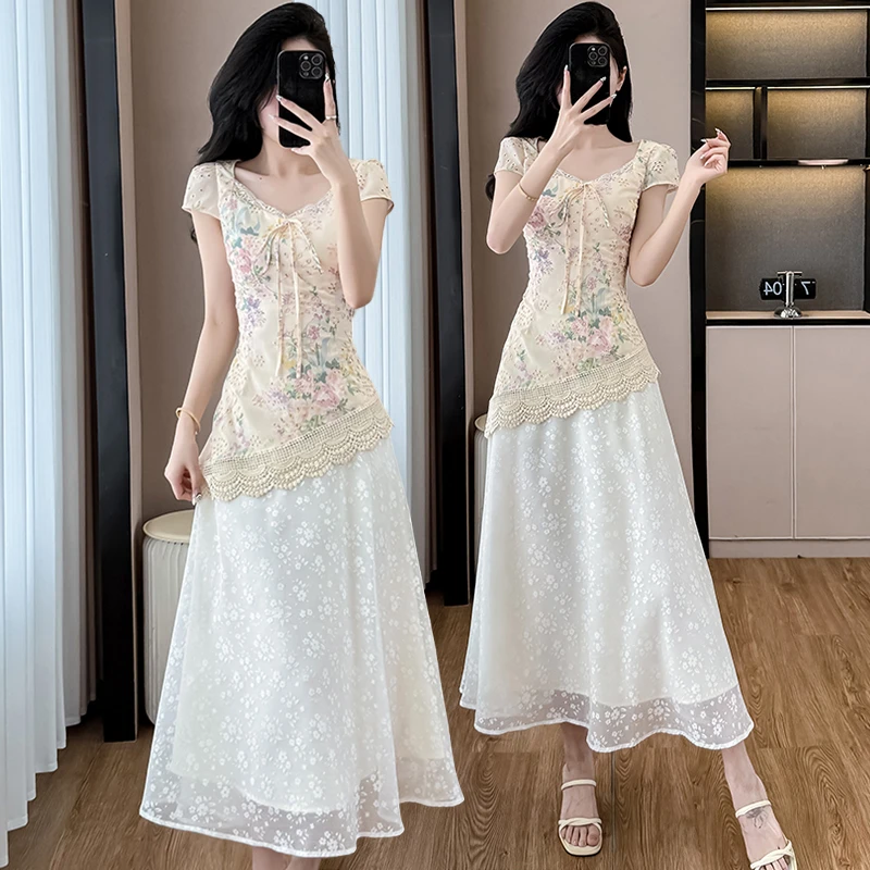 复古假两件蕾丝拼接连衣裙女夏季2025新款气质修身长款显瘦过膝裙