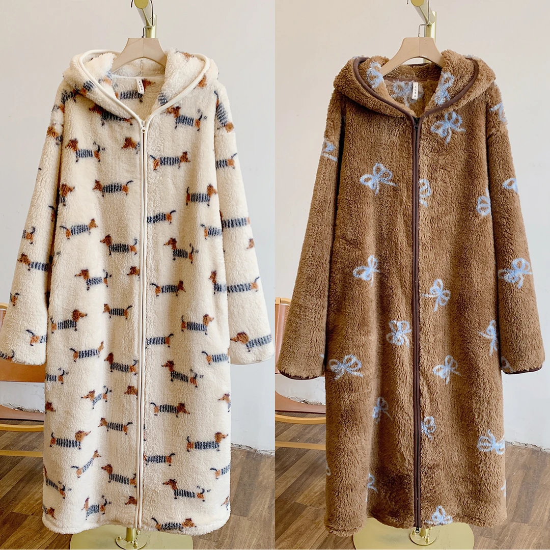 腊肠狗家居服C5371印花珊瑚绒双头拉链连帽长款外套家居服