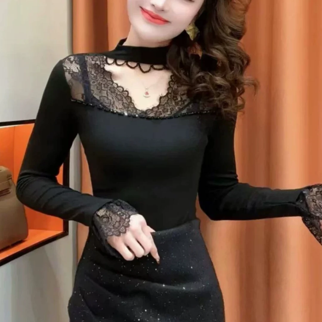 秋冬时尚气质蕾丝拼接黑色小衫修身女士百搭洋气半高领上衣