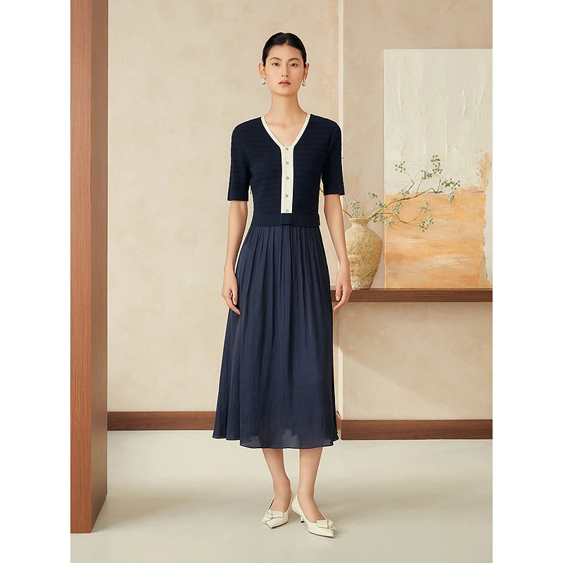 YINER音儿2025夏季新款海岛丝拼接假两件显瘦V领连衣裙8C35206650