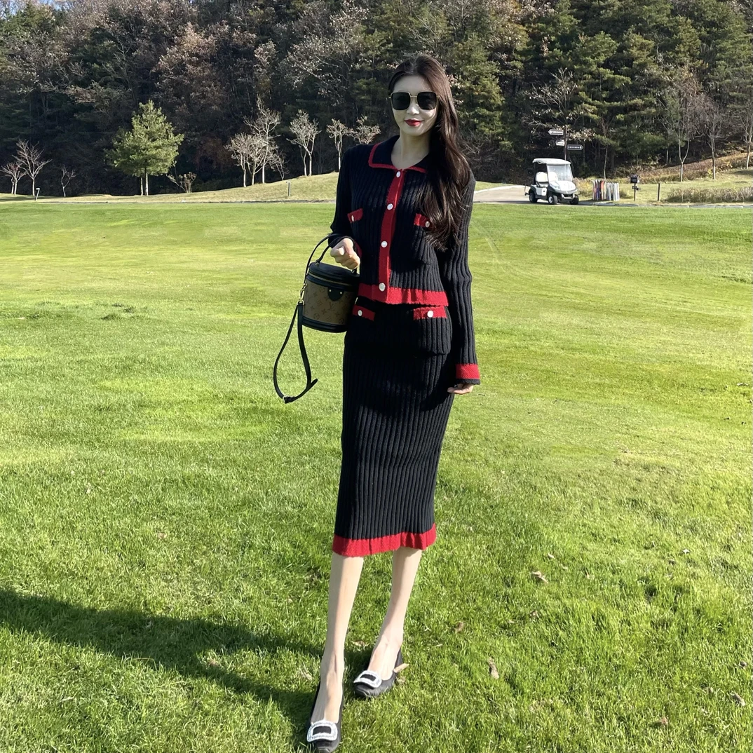 秋冬厚款黑色小香风上衣外套毛衣半身裙长款两件套装针织显瘦