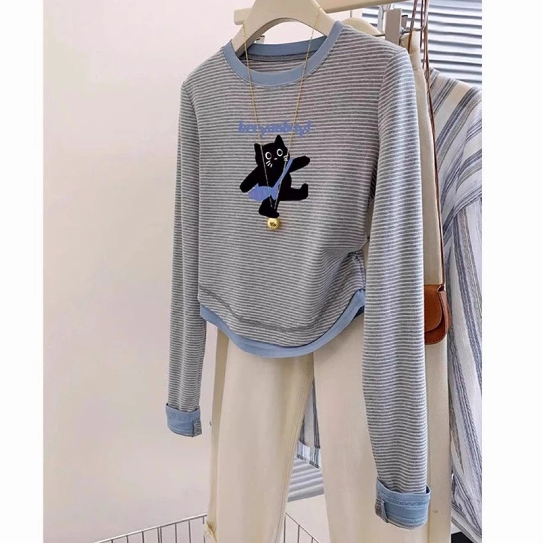 女童假两件条纹长袖上衣2025春秋新款儿童洋气T恤大童秋装打底衫