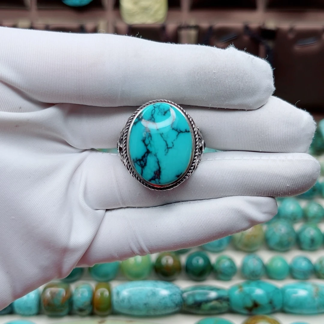 绿松石银S925镶嵌纯天然原矿绿松石