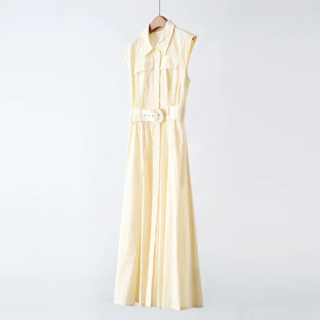 【YS11518】G上5K+DV*F纯棉Polo领短袖黄白条纹衬衫连衣裙附腰带