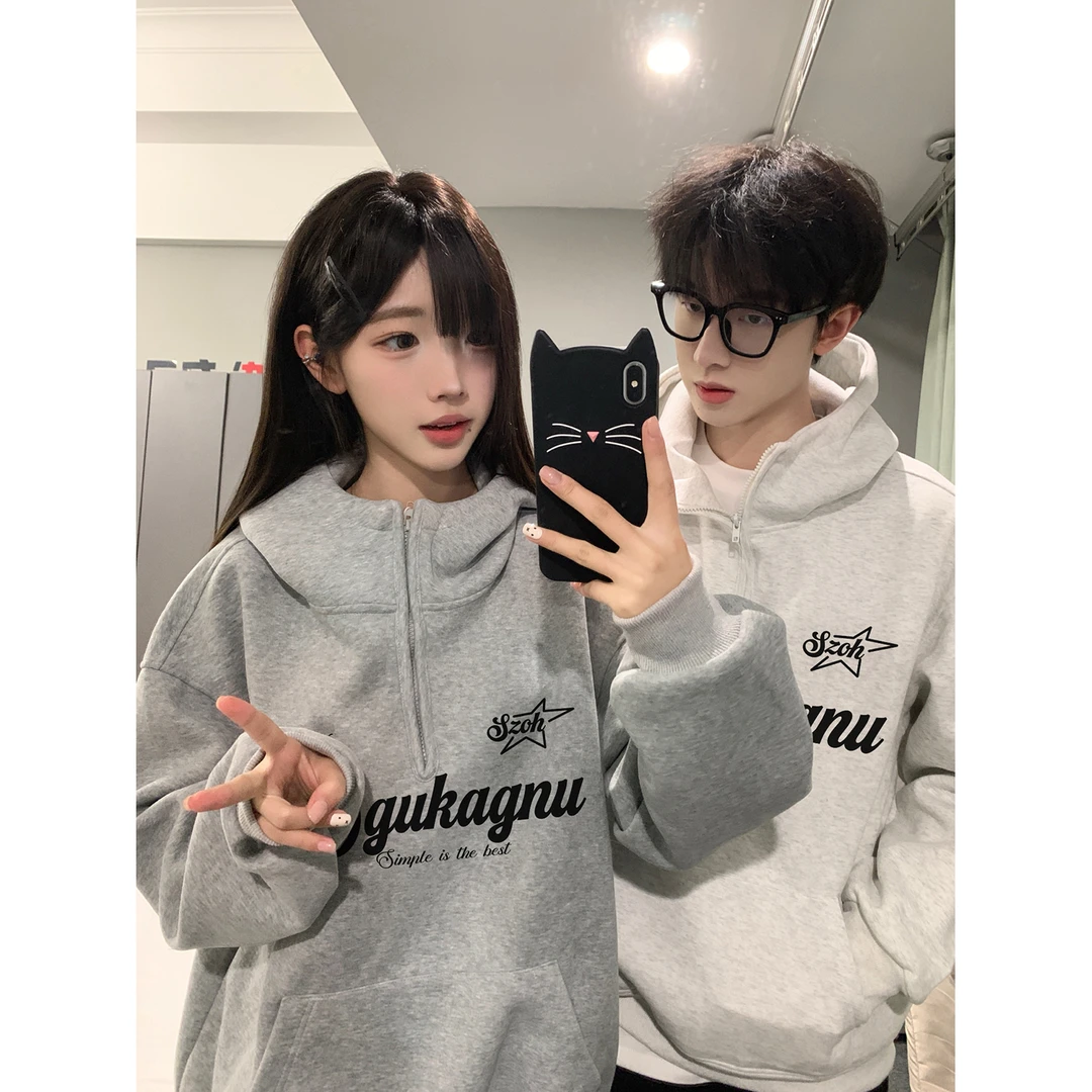 个性潮流设计字母印花休闲秋冬季半拉链卫衣情侣连帽宽松百搭上衣