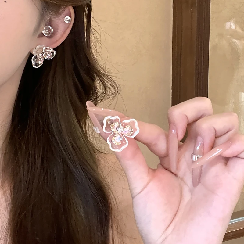 非金属合成锆石耳饰 甜美温柔仙气清透花朵闪钻耳环度假风耳饰