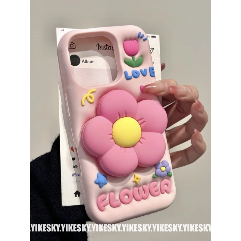立体彩色花朵支架苹果16promax手机壳iPhone15硅胶1413女14pro潮