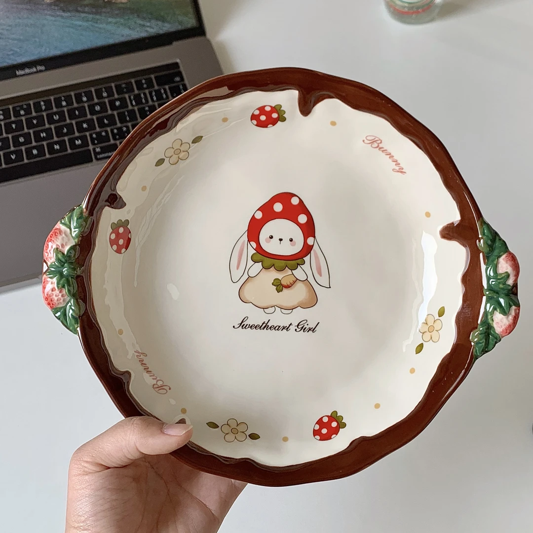 网红卡通草莓小兔餐具陶瓷盘子手绘面碗釉下彩深汤碗菜盘意面盘