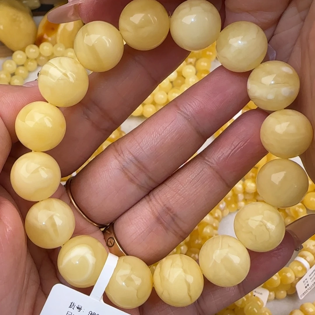 蜜蜡未镶嵌手链白花圆珠手串