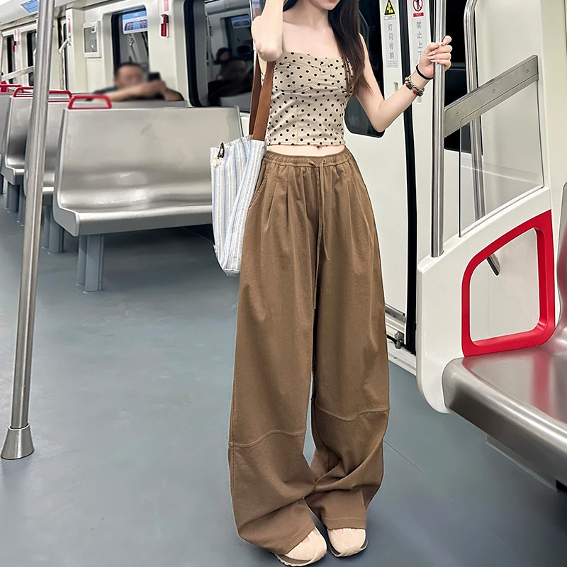 速干运动裤女2025春夏新品高腰宽松休闲裤垂感红色直筒美式阔腿裤