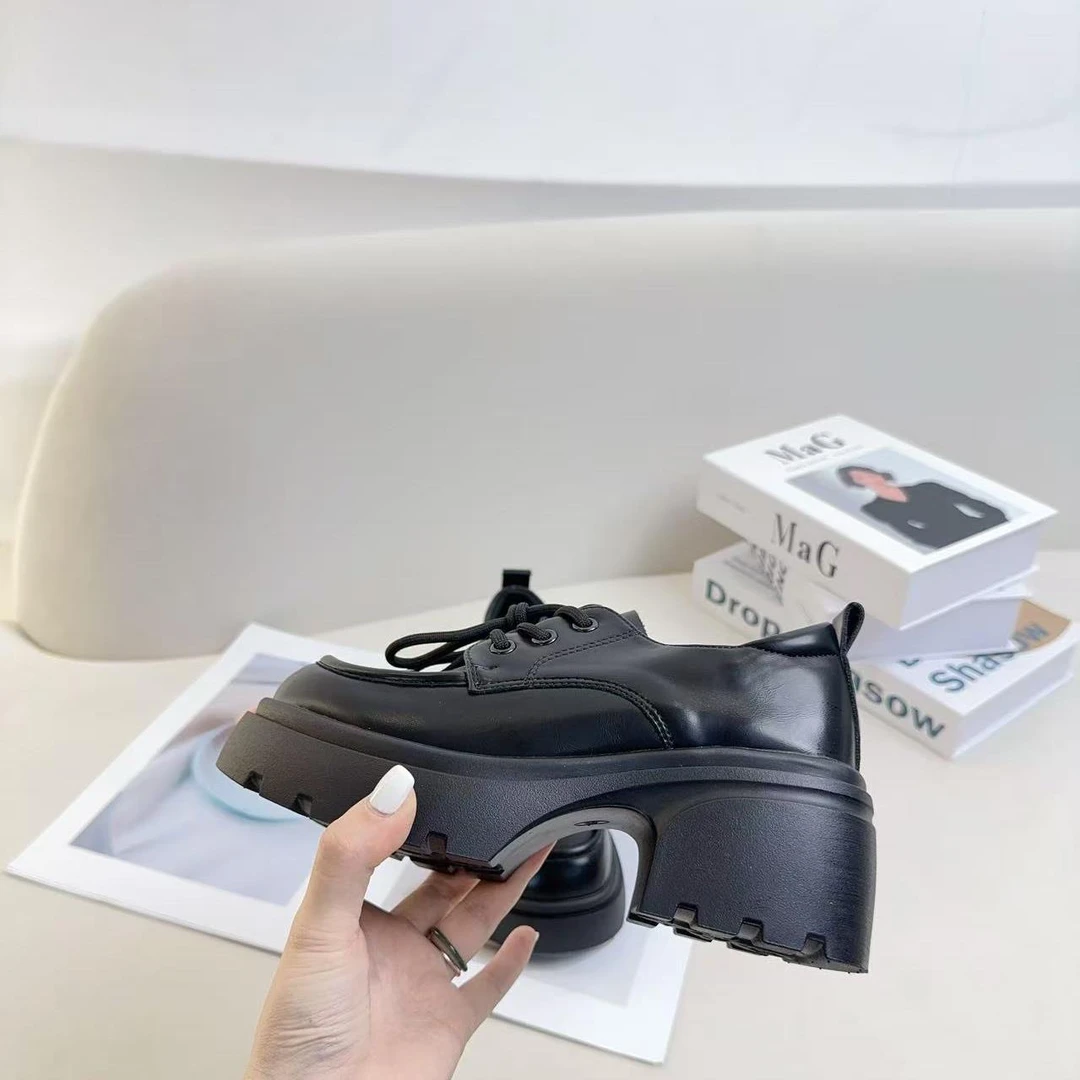 w1028系带厚底英伦皮鞋新款时尚乐福鞋圆头松糕底单鞋