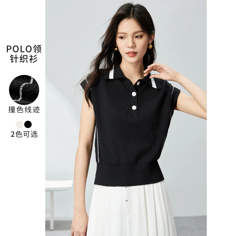简约舒适POLO领撞色拼接软糯弹力飞飞袖针织衫54877