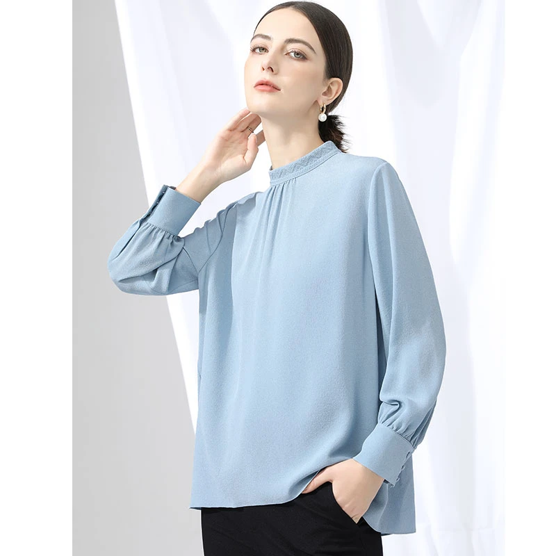 【鬼绉真丝】晴蓝色桑蚕丝衬衫2025春季新款立领上衣女 L241008018