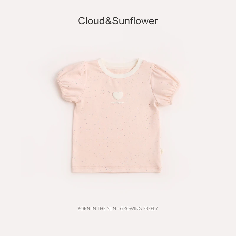 【云朵小葵】女童夏季彩棉彩砂爱心刺绣泡泡袖百搭T恤1114027