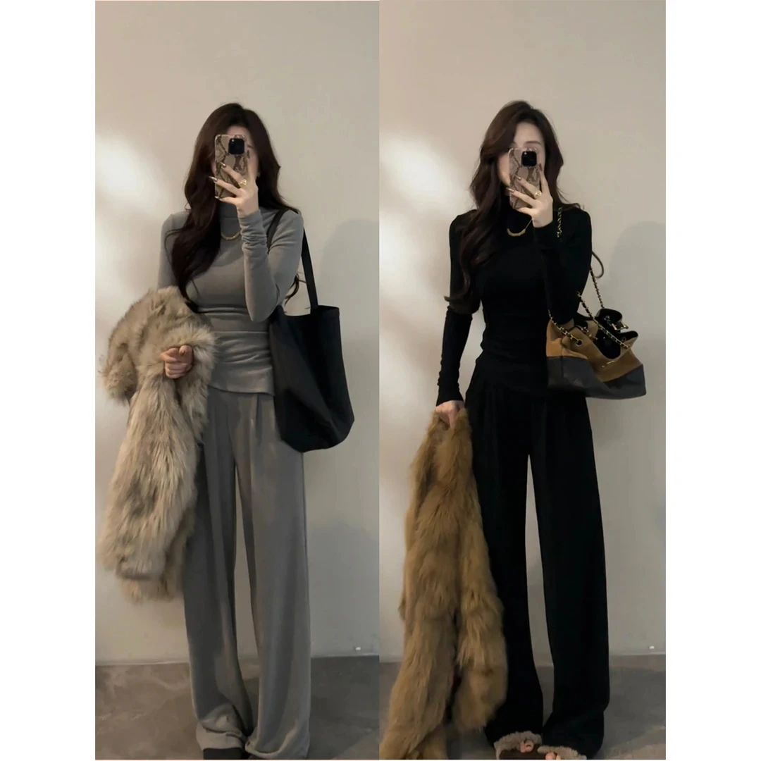 【高品质现货】【大婷婷】秋冬季新款德绒半高领长袖T恤修身显瘦套装