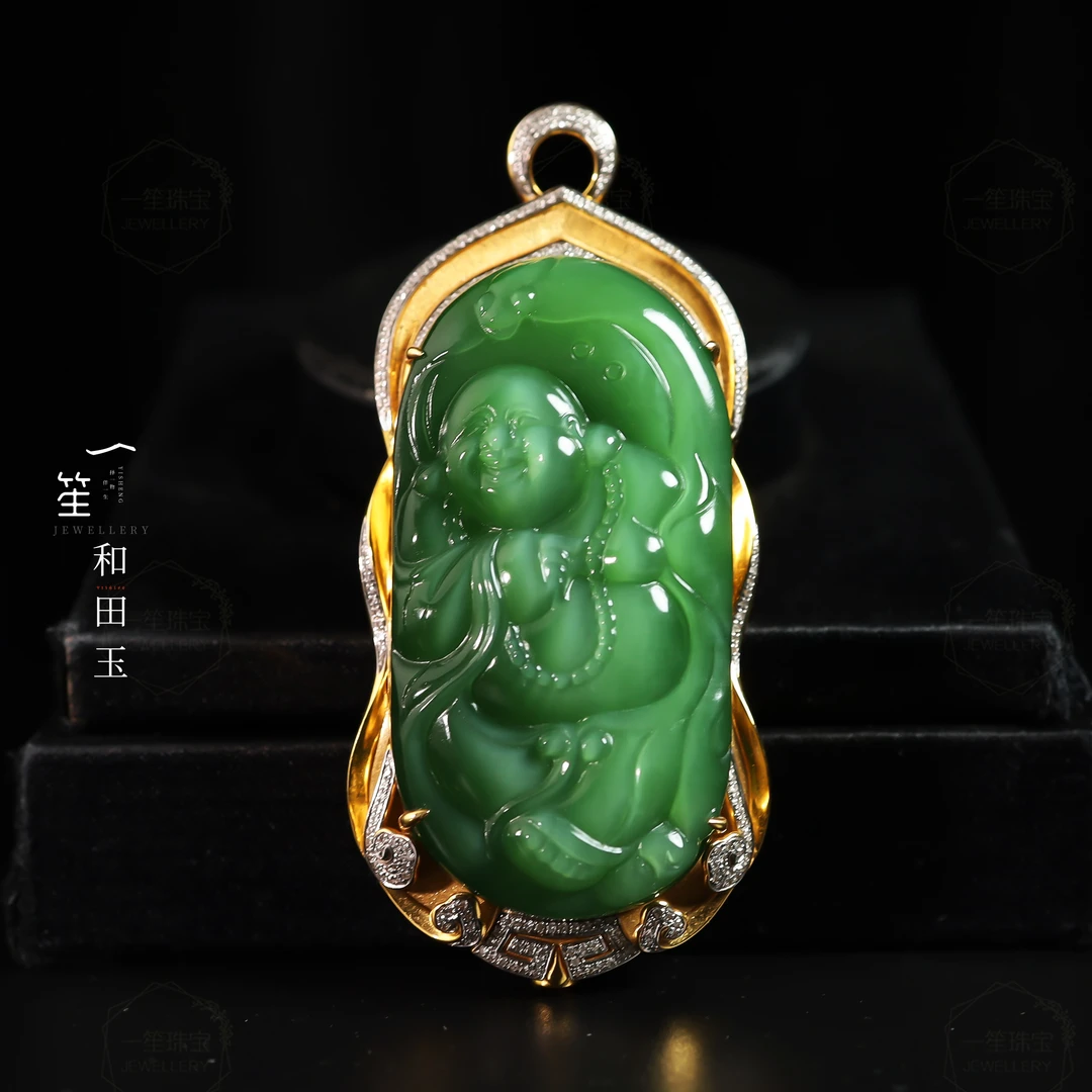 【一笙 · 臻藏】天然和田玉典藏级碧玉佛公吊坠18k金镶约53x27x13mm