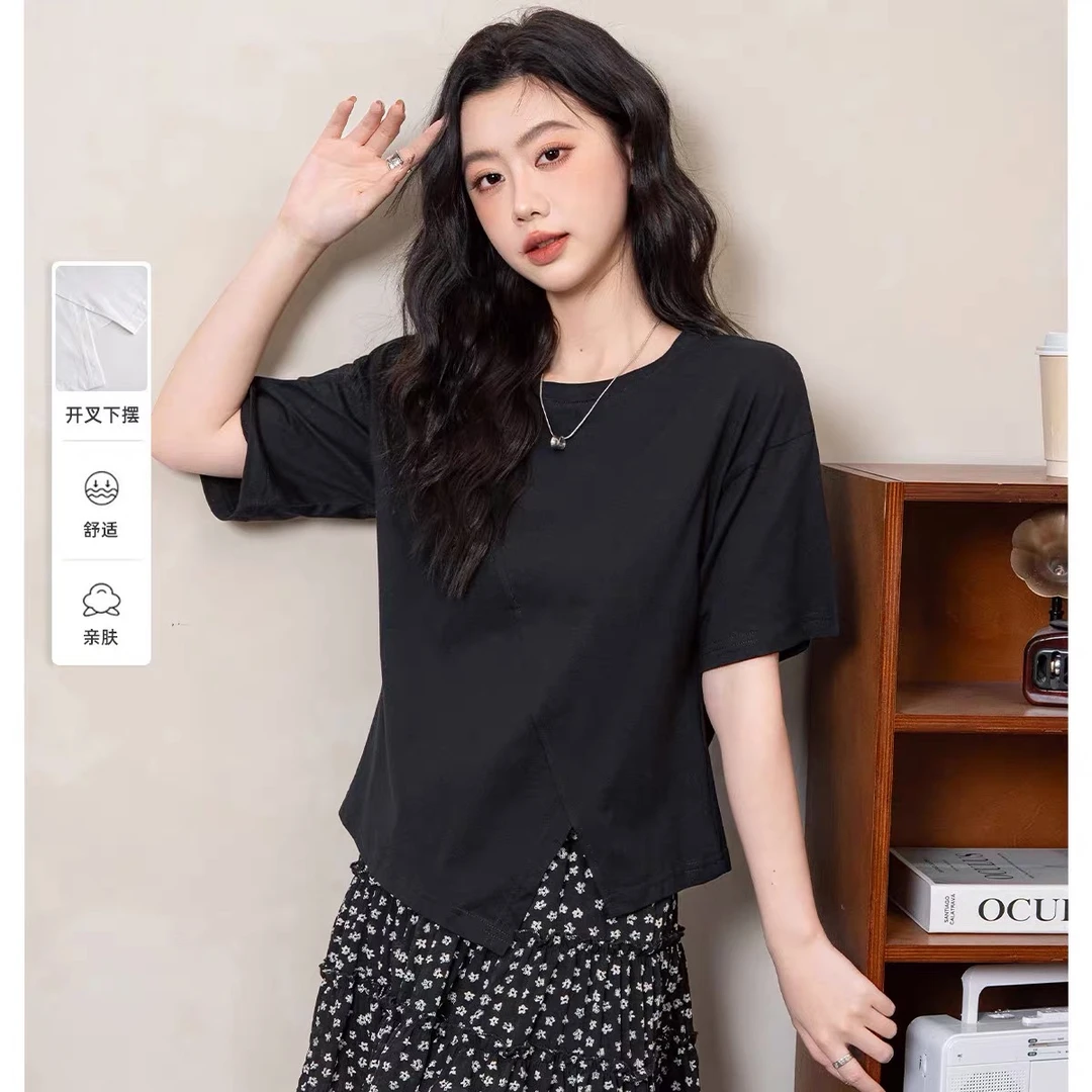 【时尚洋气】夏季基础不规则开叉女士宽松百搭上衣女