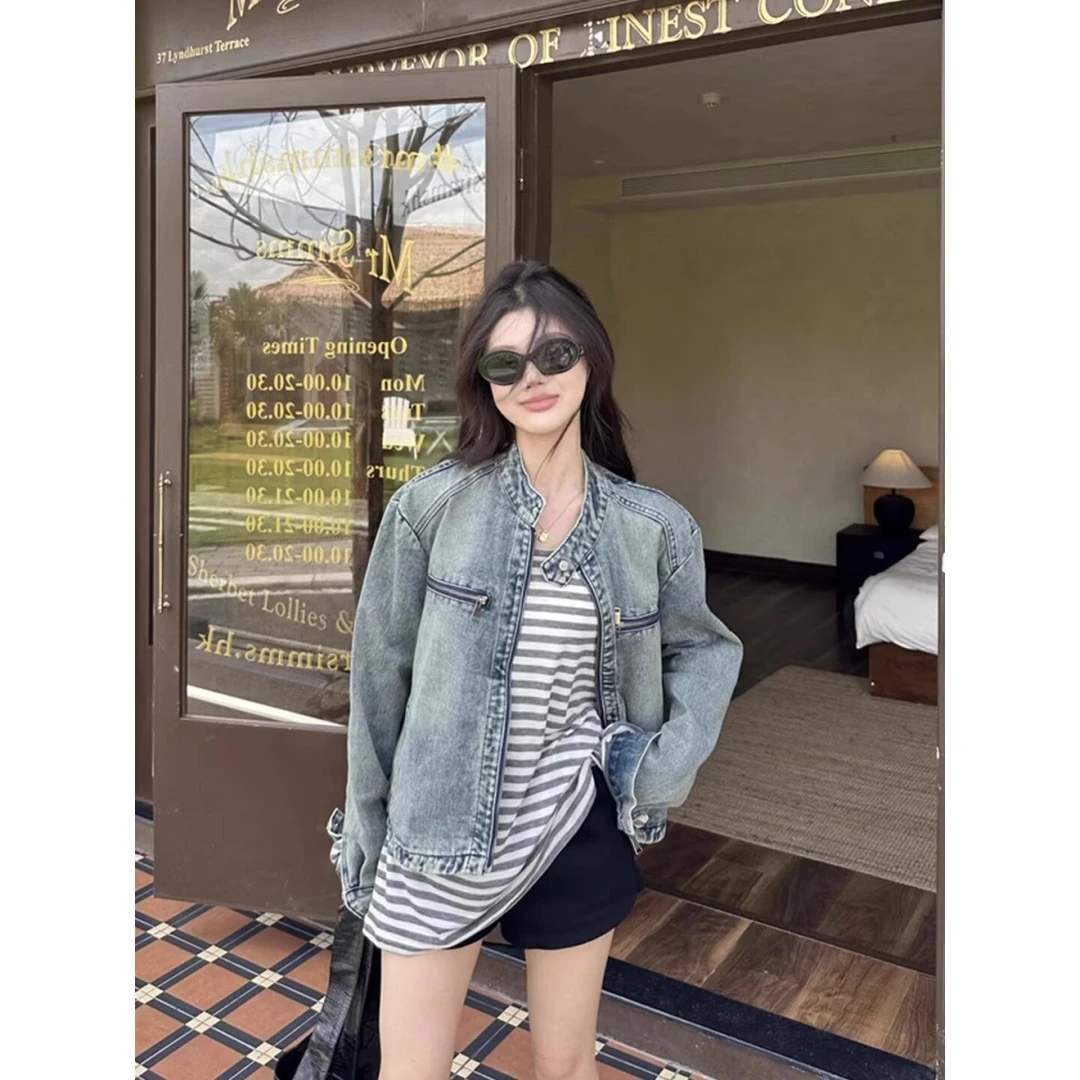 美式复古水洗做旧牛仔外套男女春秋高级感宽松拉链夹克上衣2025年