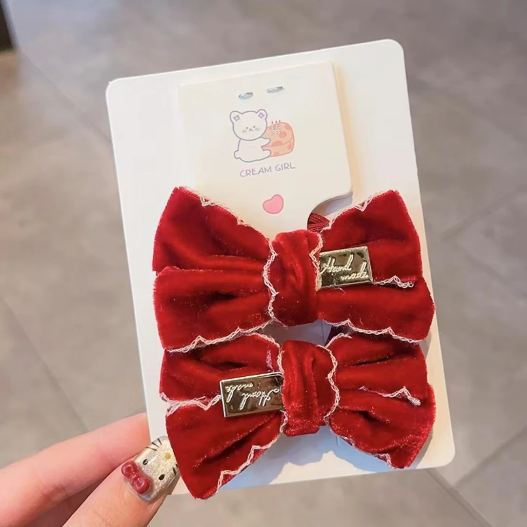 A-6137  rw 1对酒红色蝴蝶结儿童秋冬布艺植绒高弹力头绳   发圈