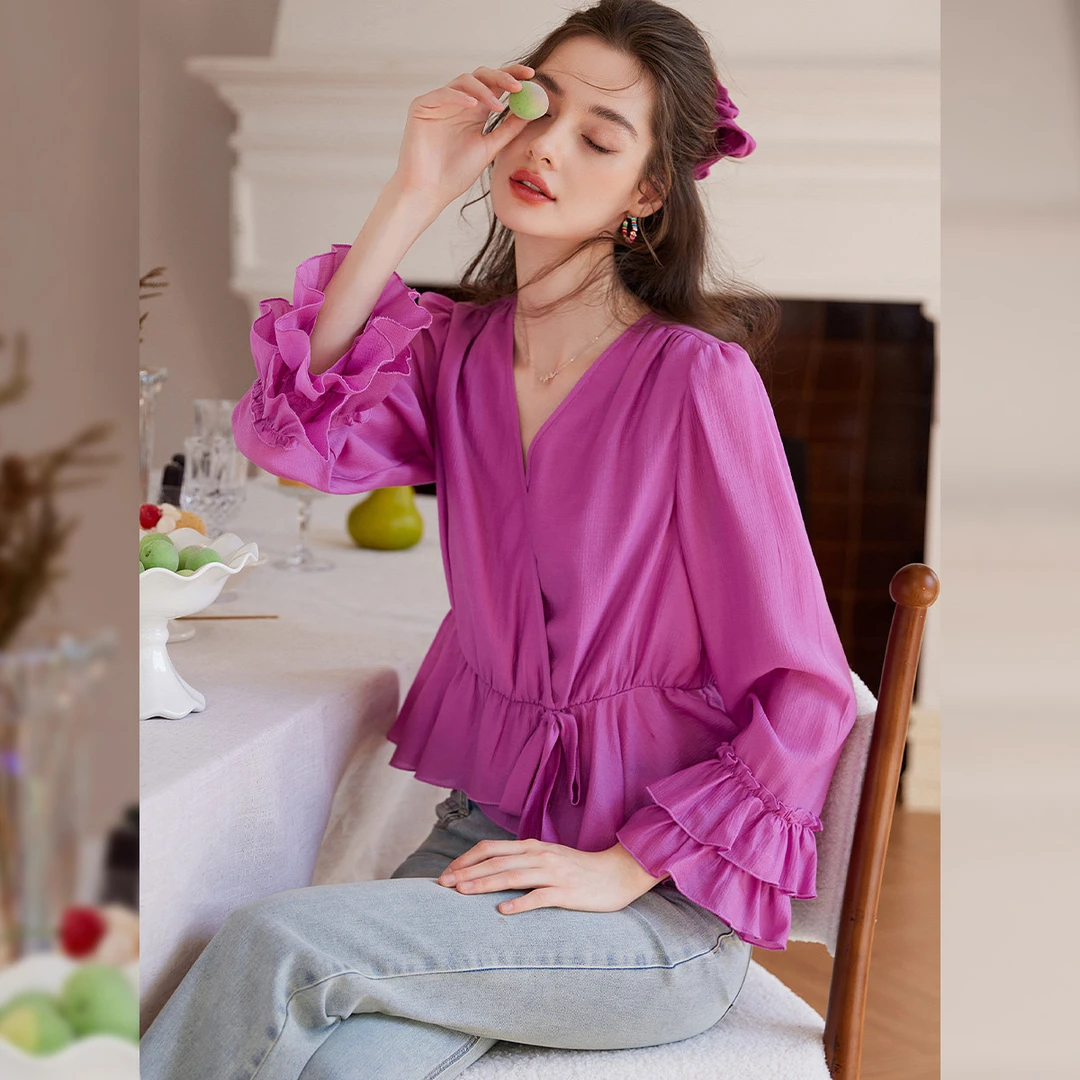 【商场同款新品】白鹿语25春V领荷叶边拼接衬衫WBY20114