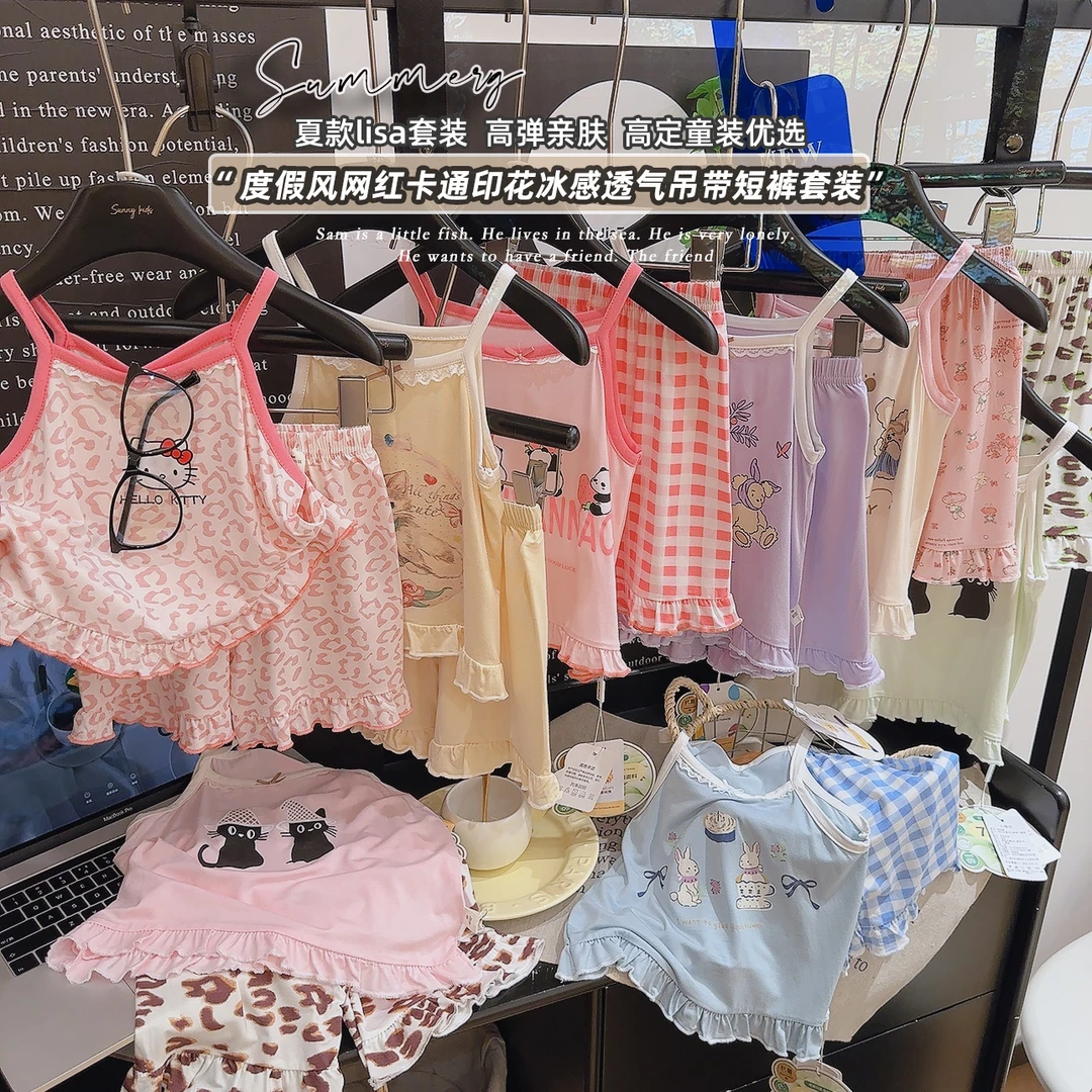 乖布童夏季儿童吊带套装莫代尔花边女童中小童卡通透气舒适