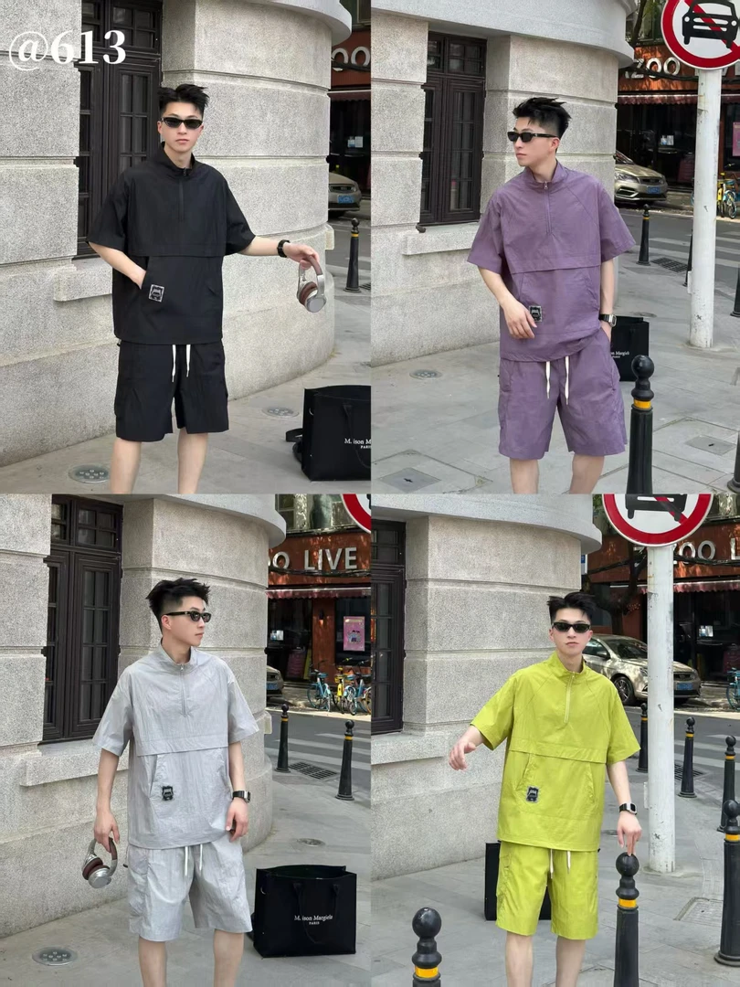 613/B0夏季韩版潮流时尚宽松百搭半拉链套头套装薄款短袖