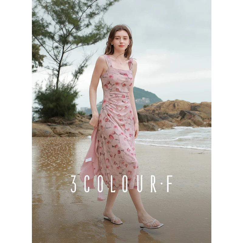 三彩独醒2025夏季网纱印花碎花吊带裙方领背心连衣长裙女F0022