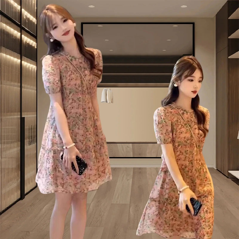 香朵儿时尚都市风碎花连衣裙女士2025夏季新款显瘦别致洋气裙子女