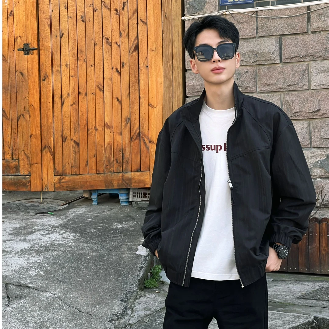 2025春季新款美式潮牌条纹肌理感立领外套夹克经典百搭款春秋