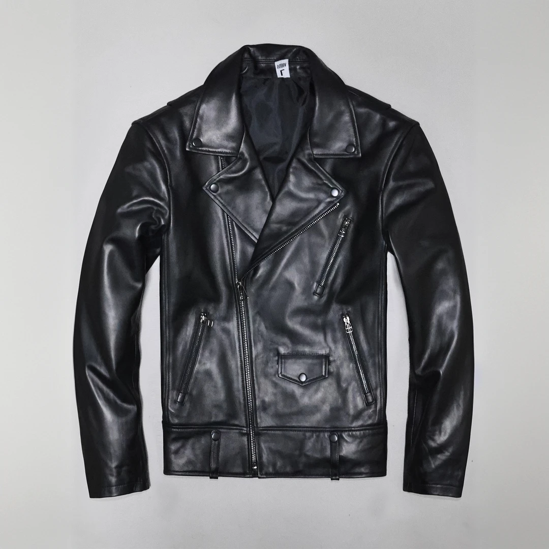 莱蒙璀高端头层绵羊真皮皮衣男斜拉链青年翻领机车休闲潮夹克外套