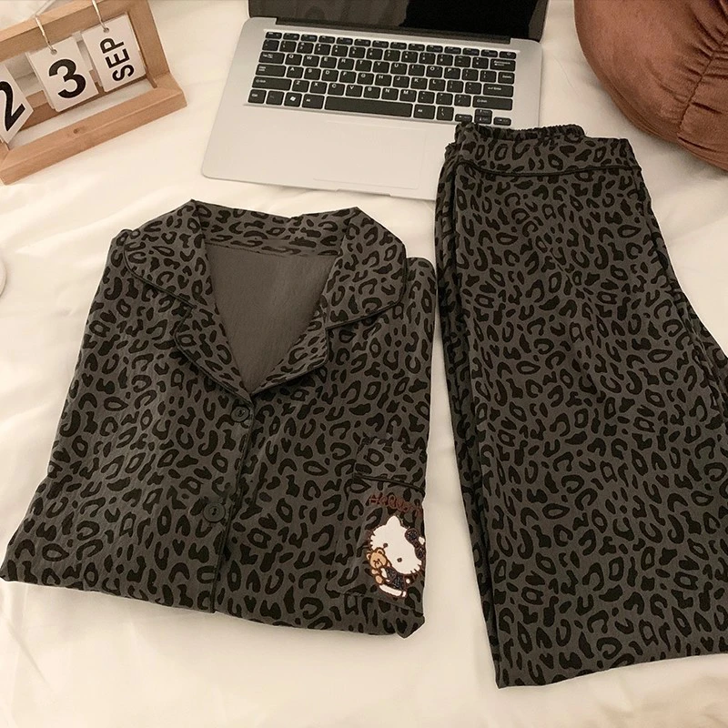日系HelloKitty睡衣女春秋季开衫豹纹印花长袖长裤宽松可爱家居服