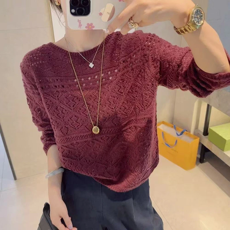 欧货时尚镂空圆领长袖针织衫女秋季新款小众百搭洋气慵懒感上衣潮