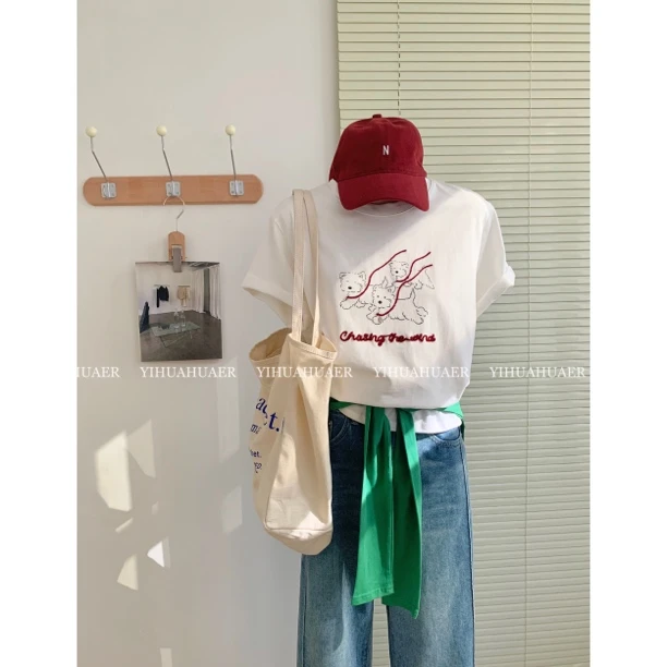 【三只小狗】东大门新款韩系卡通吸汗可爱印花图案百搭圆领T恤2497