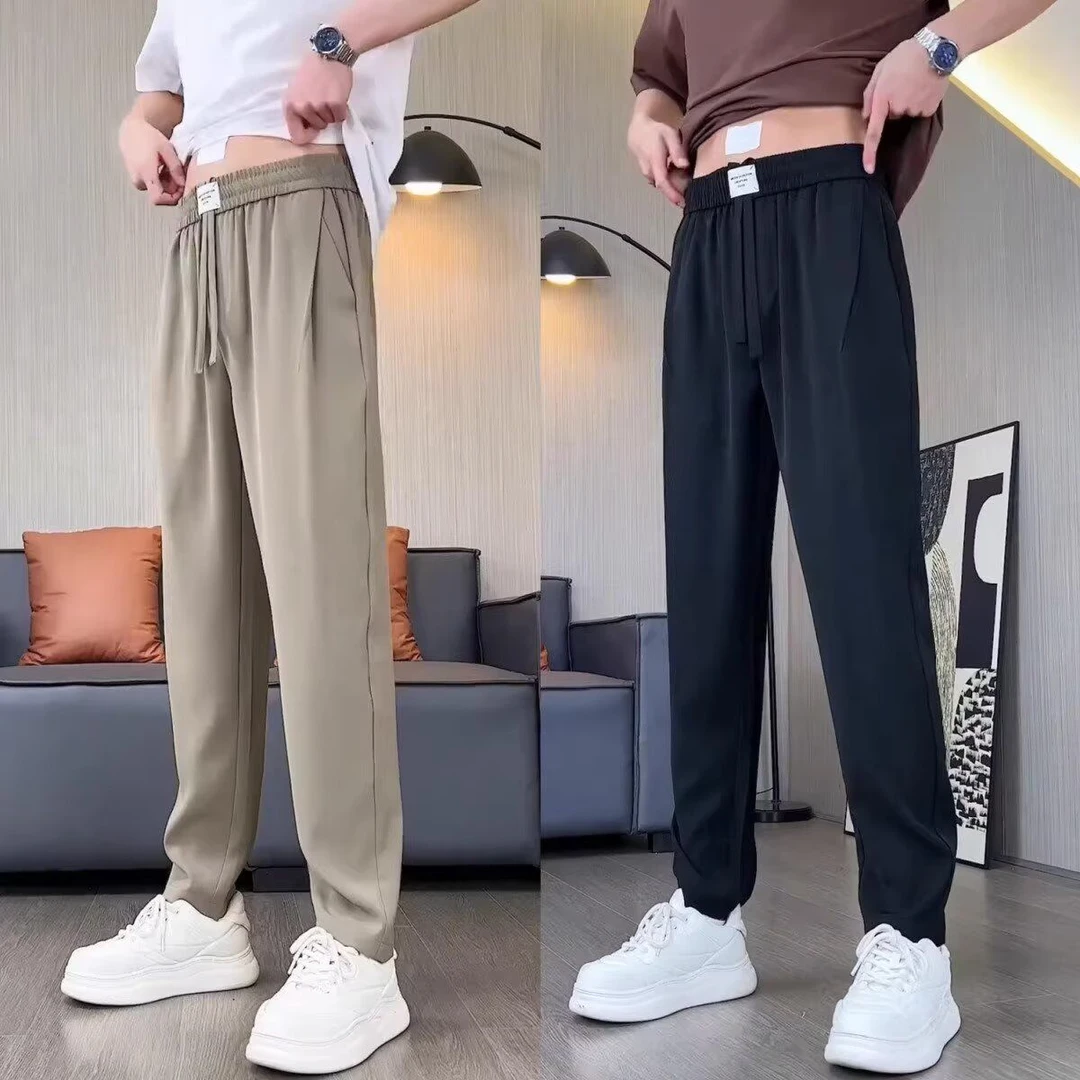 新款宽松透气休闲裤直筒小西裤男士时尚纯色丝滑垂顺抗皱垂坠男裤
