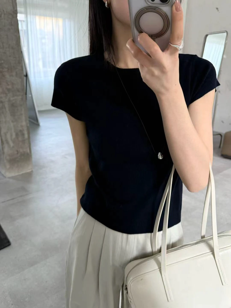 abow@3319 韩系简约百搭净色短袖针织衫 5-11