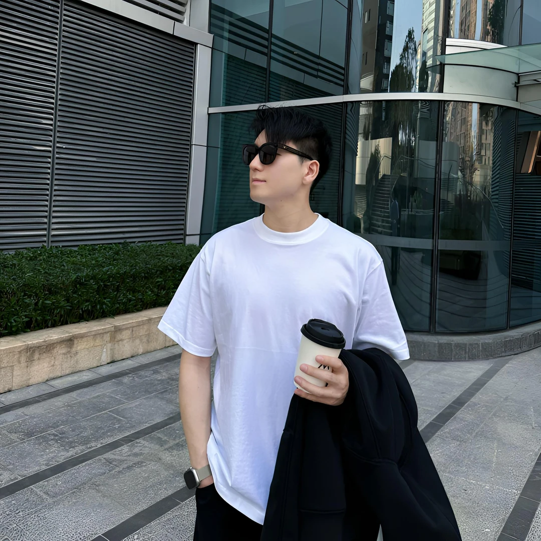 2025经典纯色短袖 260克重磅黑色白色纯棉圆领百搭t恤打底衫男