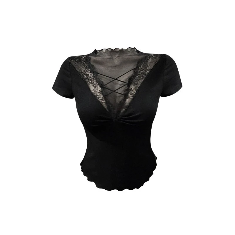 艺等YIDENG 美式复古辣妹设计感蕾丝拼接正肩短袖T恤显瘦短款上衣