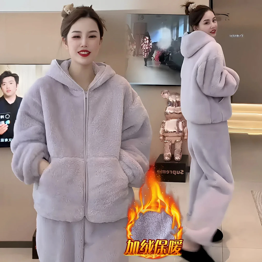 2025新款时尚珊瑚绒睡衣女装韩版宽松加绒加厚家居服两件套装