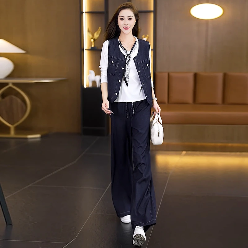 时尚大码休闲套装女2025新款减龄显瘦长袖上衣马甲阔腿裤三件套