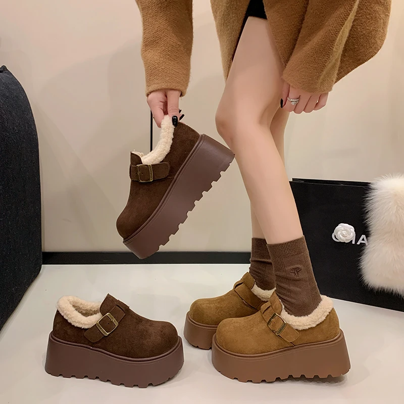 秋冬磨砂复古棉鞋小个子厚底增高勃肯鞋女2025新款一脚蹬女鞋