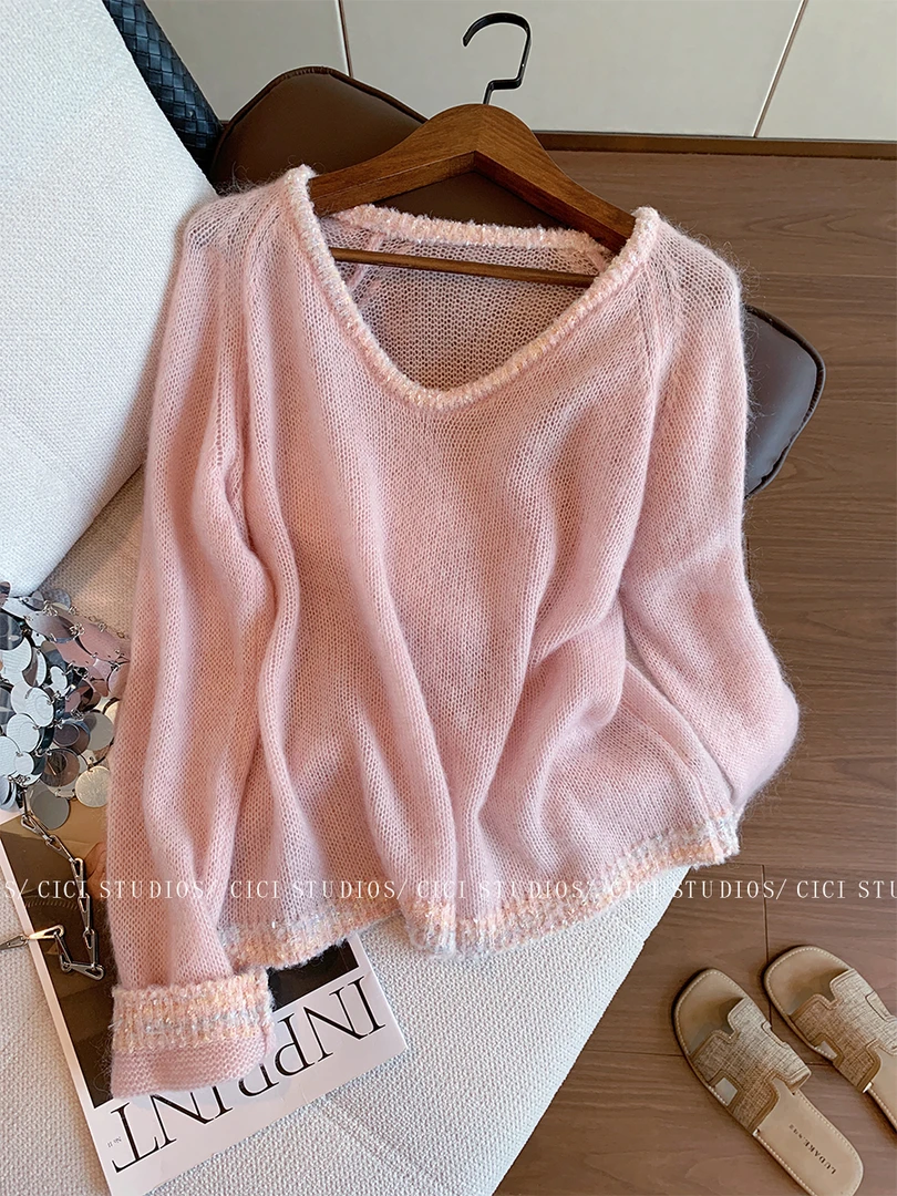 温柔风粉色编织拼接圆领毛衣女2025早秋新款韩系甜美显瘦针织上衣
