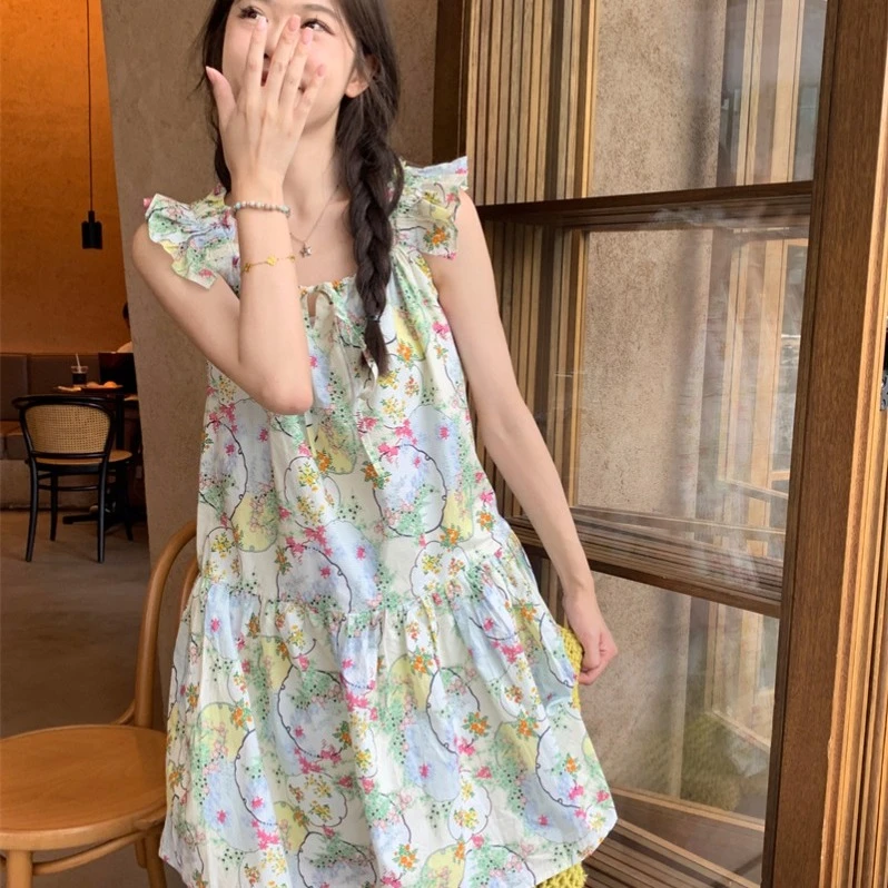 花边小飞袖甜美显瘦吊带连衣裙无袖吊带裙宽松碎花中长裙子女夏季