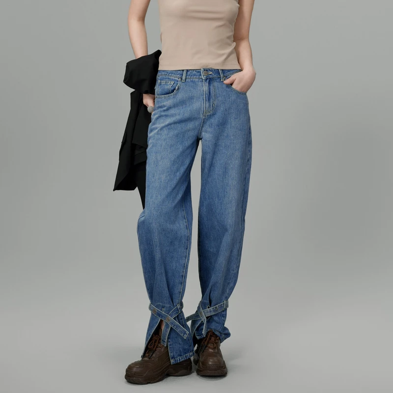 U/TI 设计感绑带式浅蓝色前开叉水洗做旧休闲宽松百搭阔腿牛仔裤