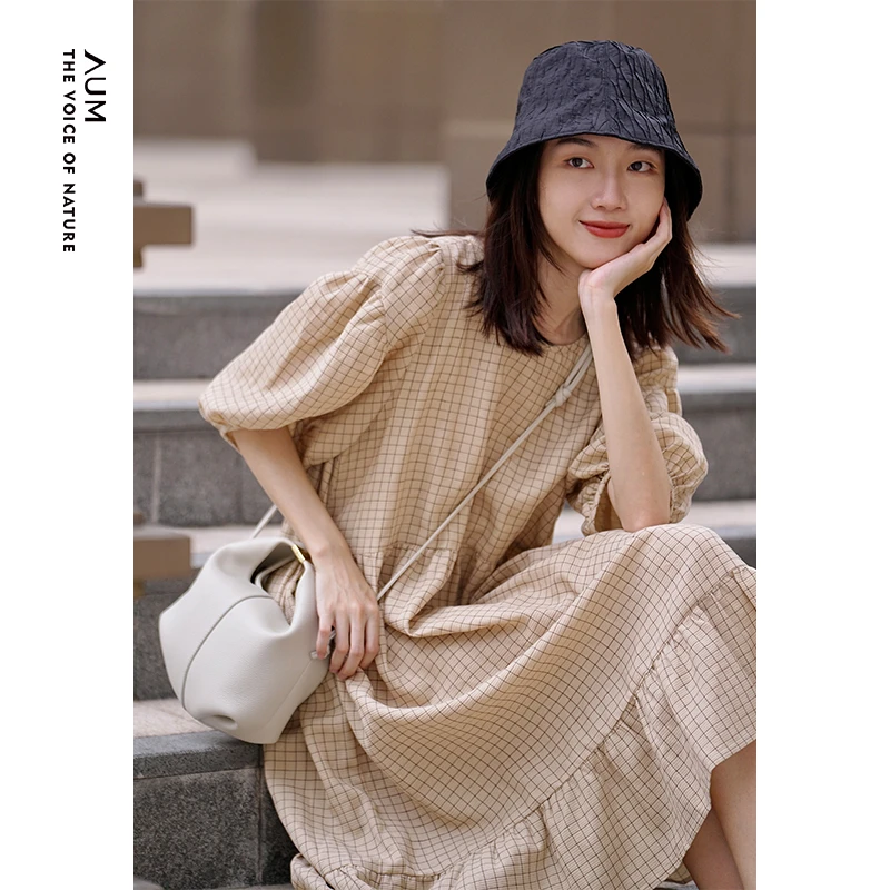 【平子精选】AUM/噢姆浅咖色棉麻减龄泡泡袖拼接连衣裙MADE20446