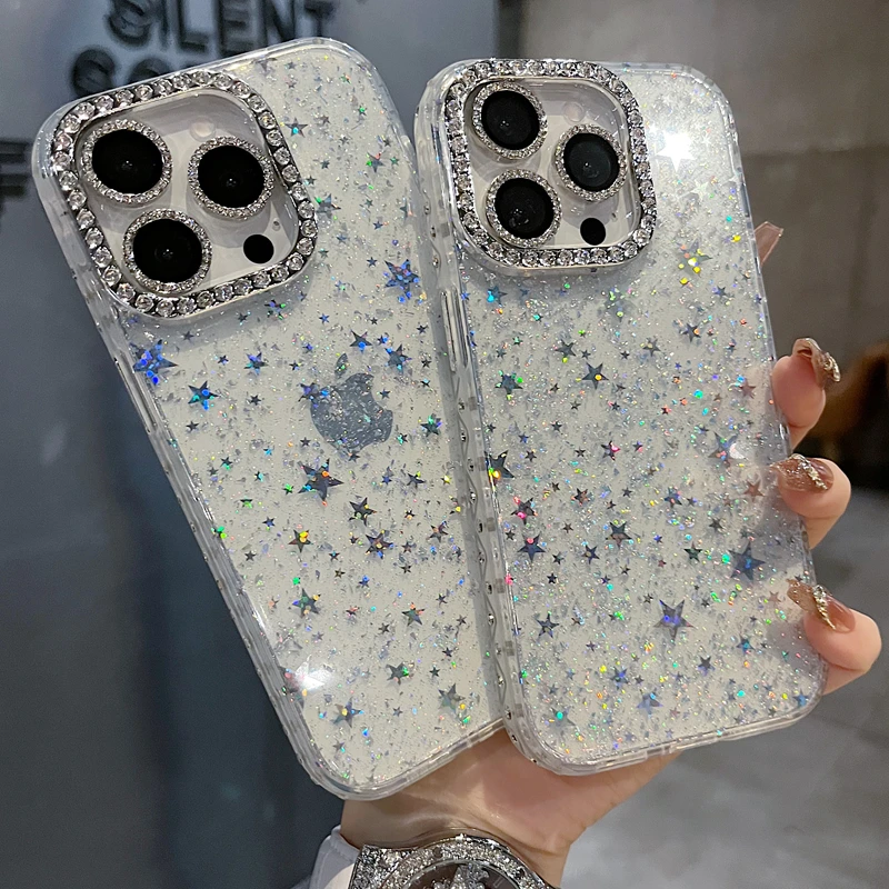 适用苹果系列iPhone17新款手机壳时尚感闪粉星星满钻半包大孔透气