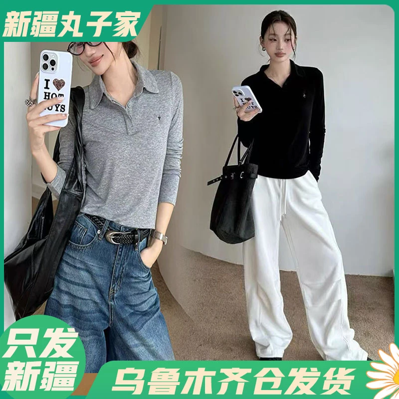 【8565#秋季显瘦翻领长袖T恤